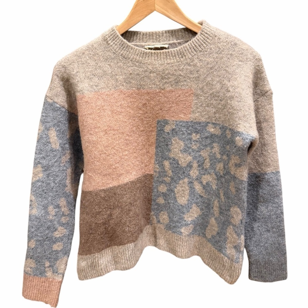 Mystree Womens Colorblock Leopard Patch Knit Sweater Small Cozy Neutral Fall